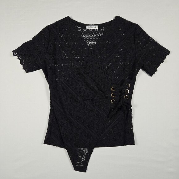 LUODING Gothic Black Lace Wrap Top w/ Grommet Corset Detail & Asymmetrical Hem - Picture 4 of 12